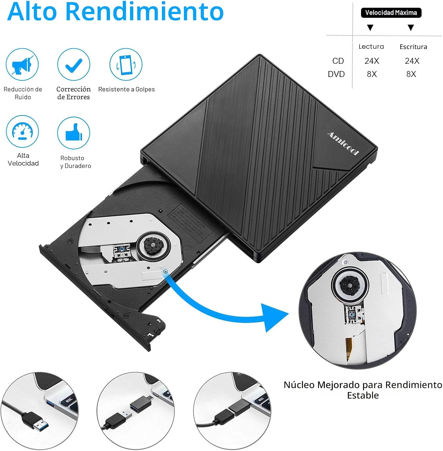 Amicool Unidad de DVD externa USB 3.0 USB C Grabadora de CD CD\/DVD...