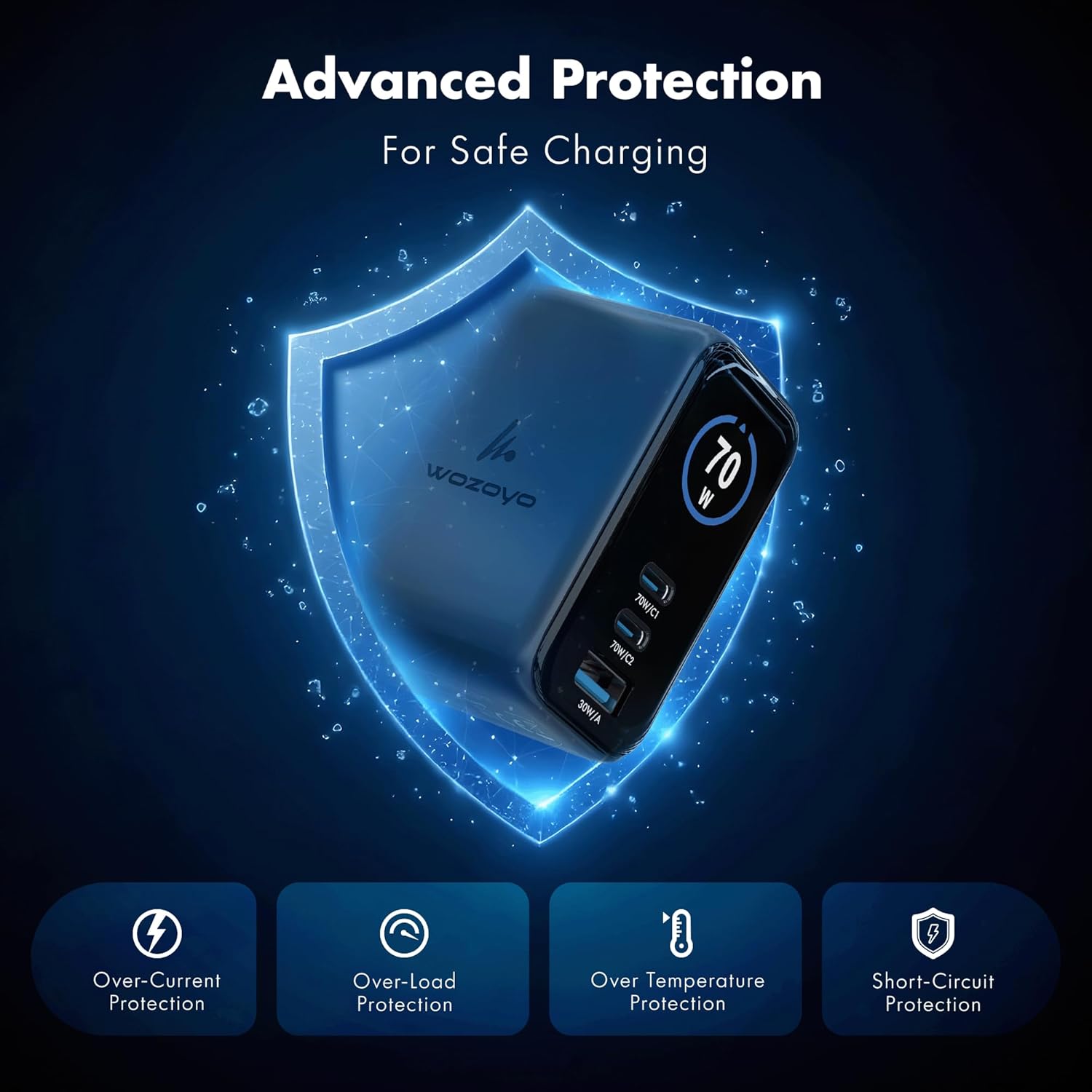 Cargador Wozoyo GaN inteligente LED de 70 W, carga superrápida 2.0...