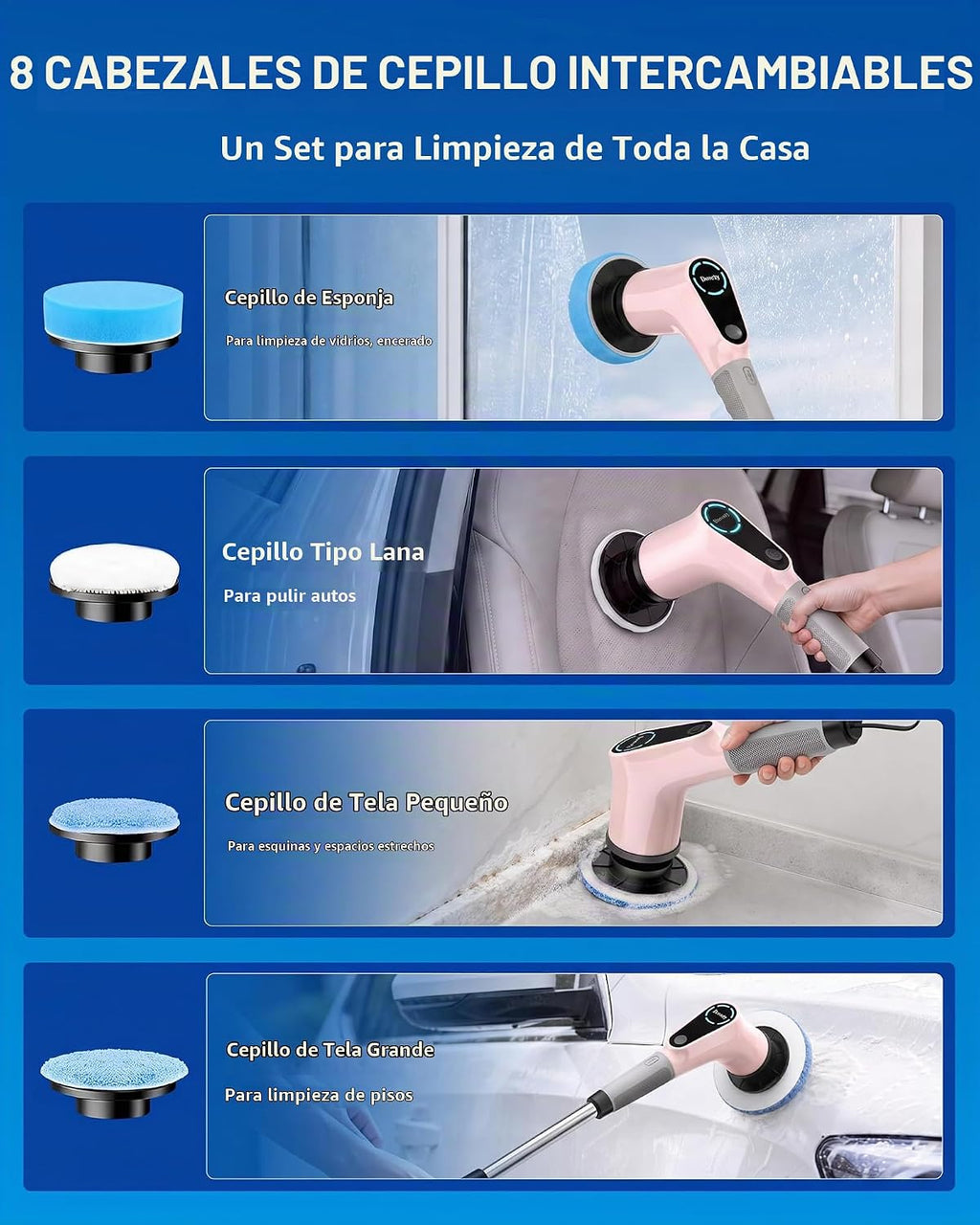 Dovety Depurador eléctrico giratorio, mango extensible, 8 cabezales...