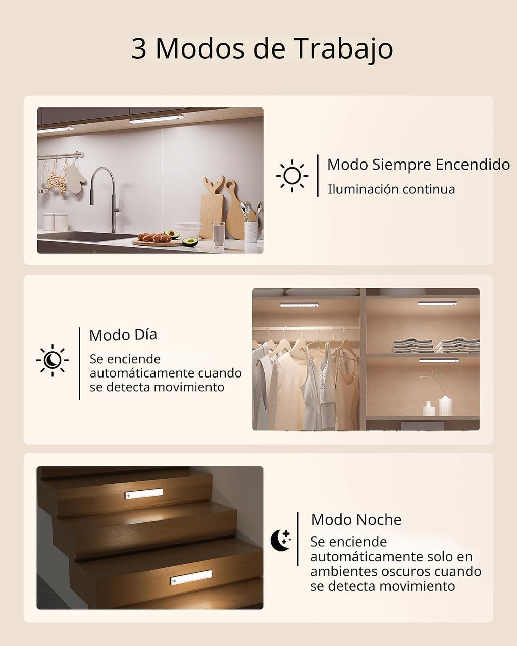 EZVALO Paquete de 3 luces para debajo del gabinete, luces recargabl...