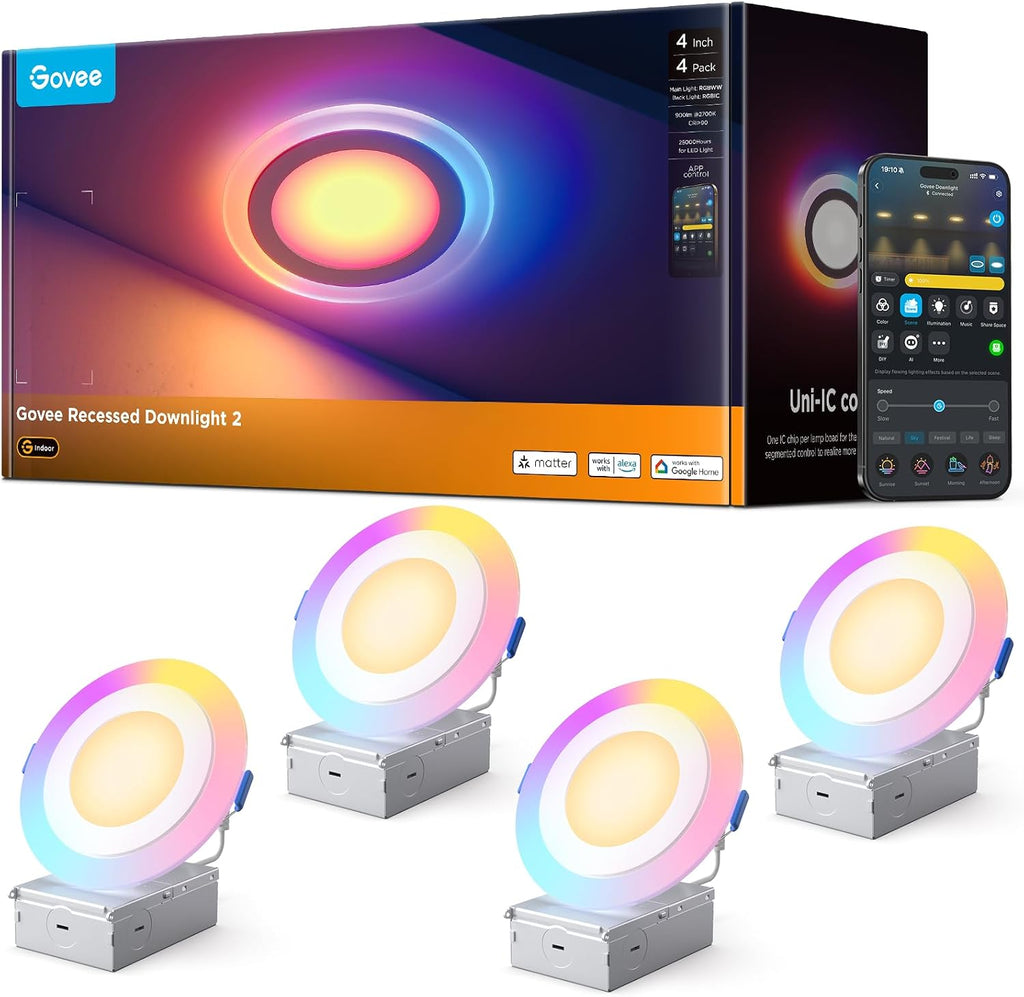 Govee Iluminación empotrada inteligente de 4 pulgadas, luz LED RGBI...