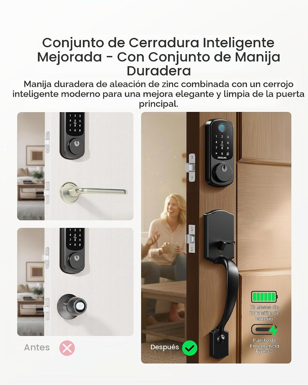 DESLOC B200 Cerradura de Puerta de Entrada sin Llave con Mango, Cer...