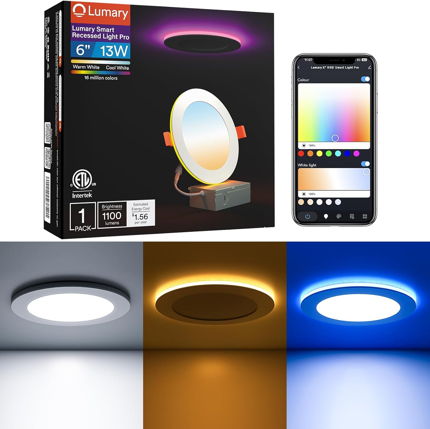Lumary Luz empotrable inteligente Pro de 6 pulgadas con RGB\/anillo...