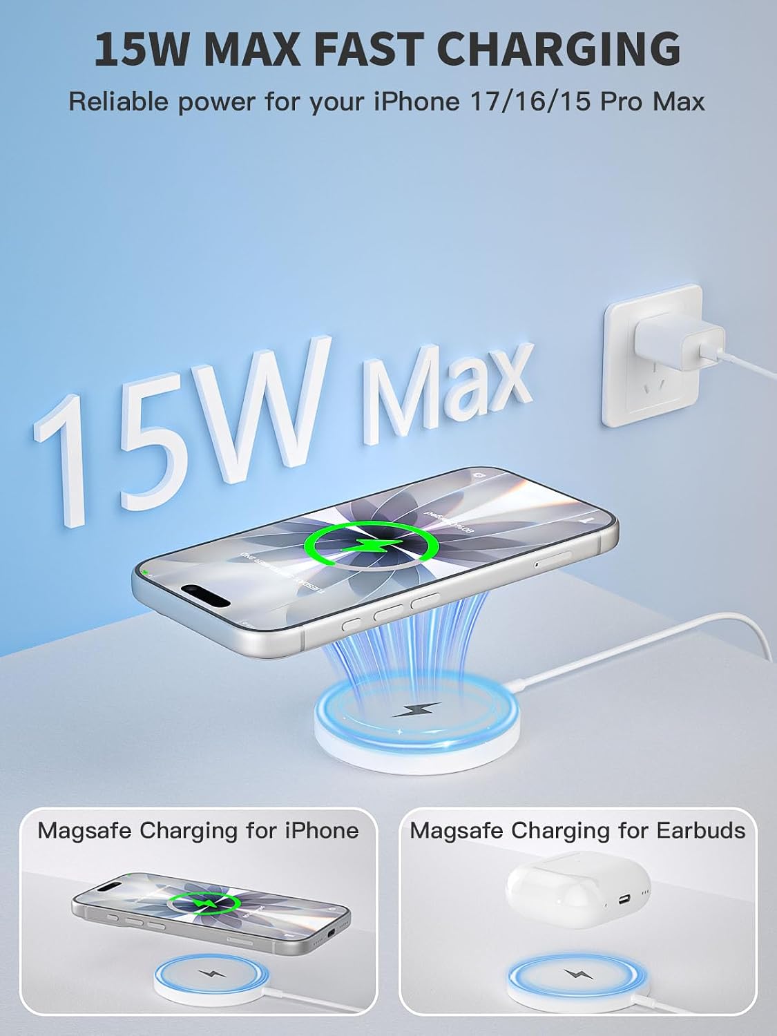 Cargador inalámbrico para iPhone, 15 W rápido Apple Mag-Safe cargad...
