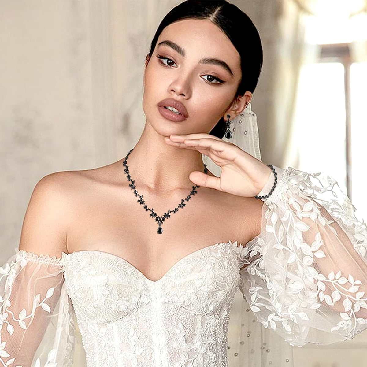 Hadskiss Juego de joyas, collar y aretes colgantes, chapado en oro...
