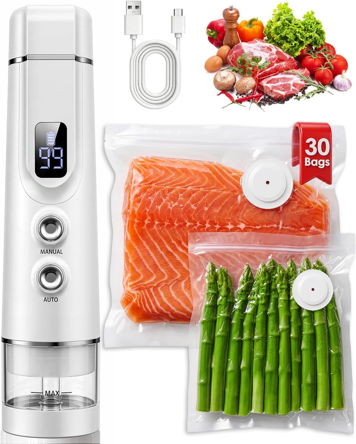 Synvox Sellador al vacío para alimentos: 30 bolsas reutilizables y...