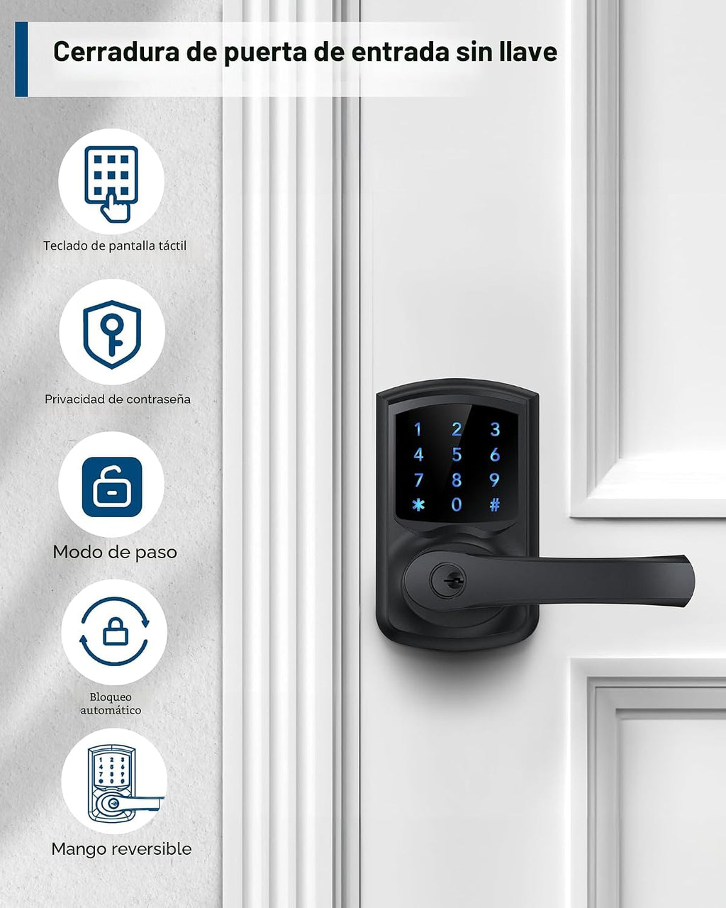 Cerradura de puerta de entrada sin llave con mango inteligente digi...