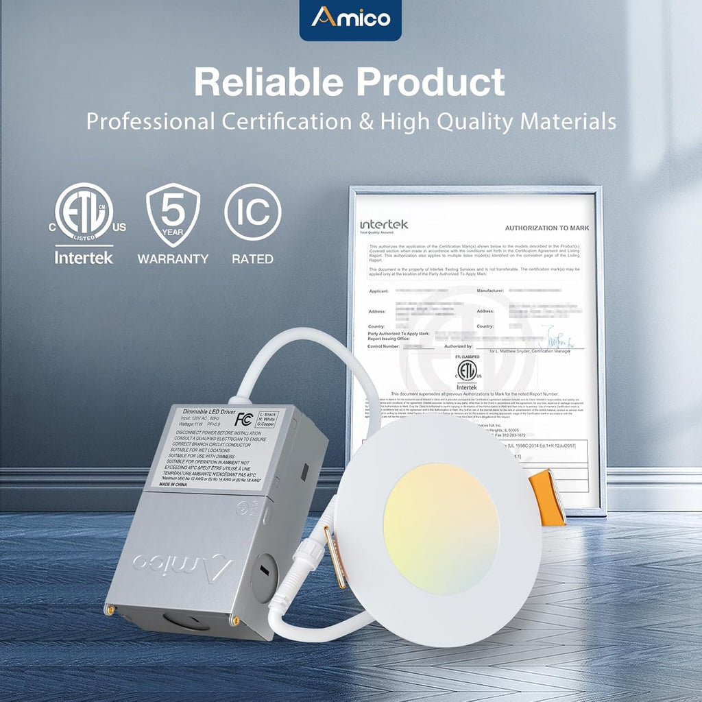 Amico Paquete de 12 luces LED empotrables ultrafinas de 3 pulgadas...