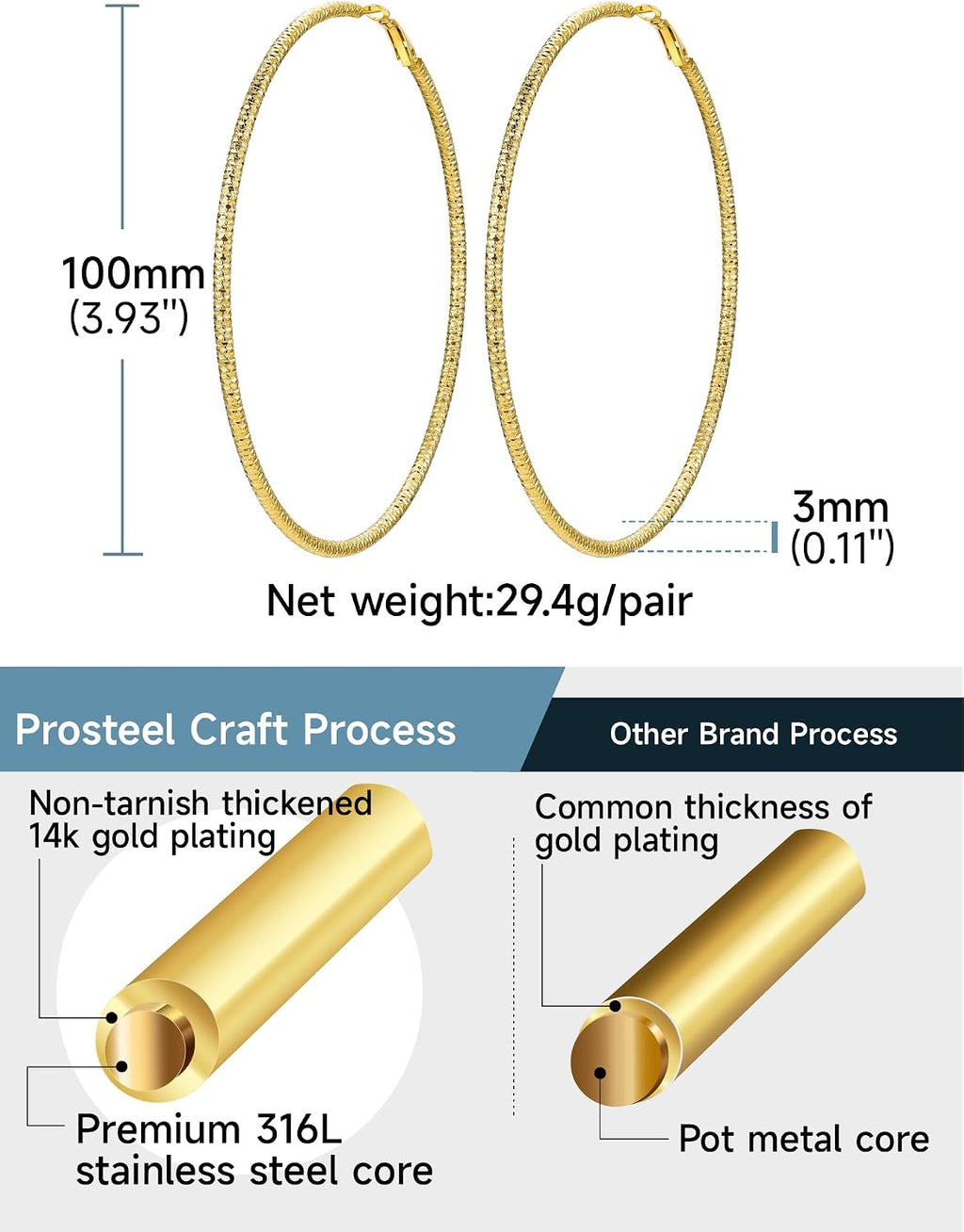 PROSTEEL 12\/16\/24\/32\/40 Pulgadas Aretes de Aro Gruesos para Muj...
