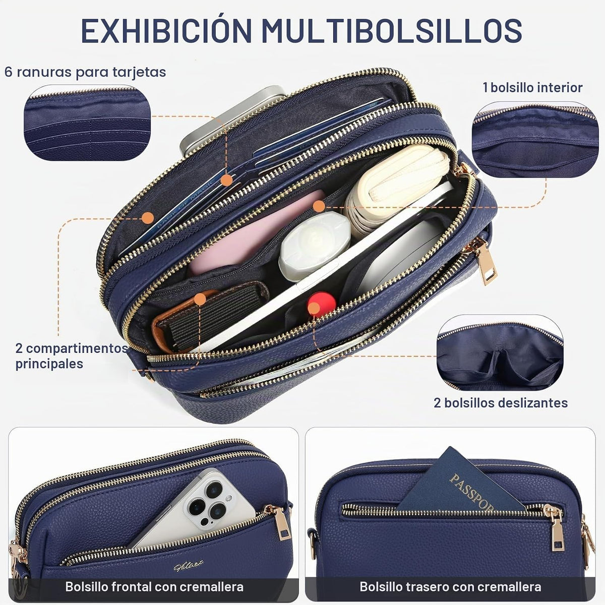 HILAEX Bolso cruzado para mujeres, bolso de cuero antirrobo, múltip...