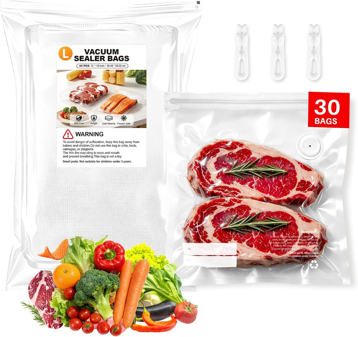 Bolsas reutilizables selladoras al vacío para alimentos, 30 bolsas...
