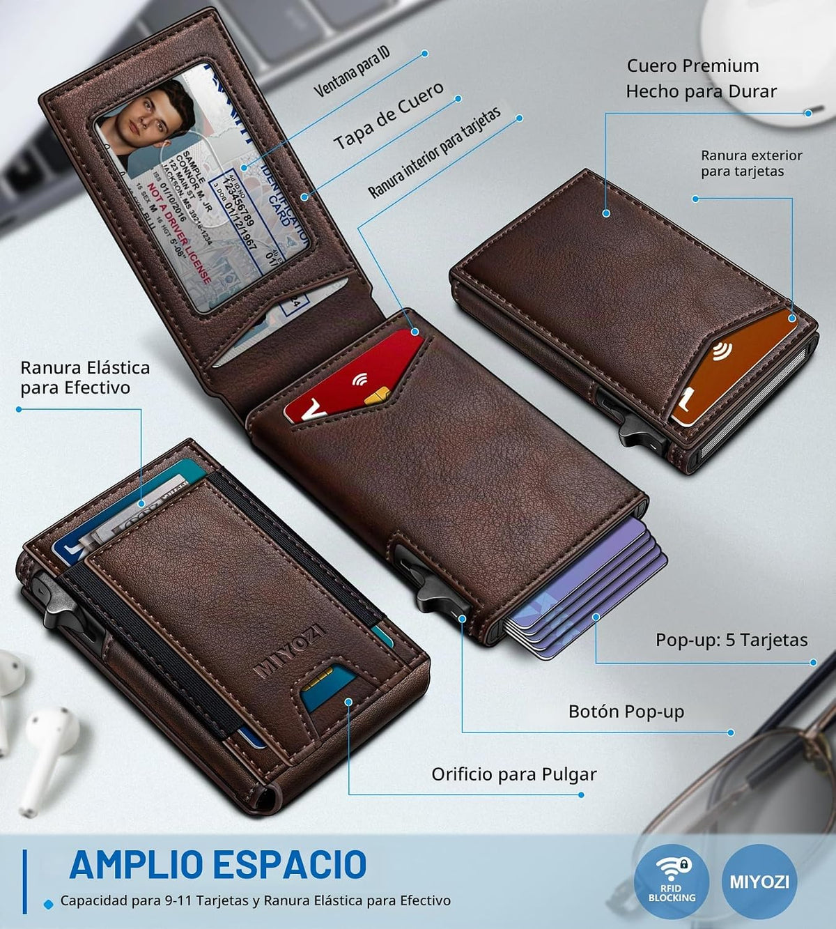 miyozi Cartera para hombre, tarjetero desplegable delgado, con bloq...