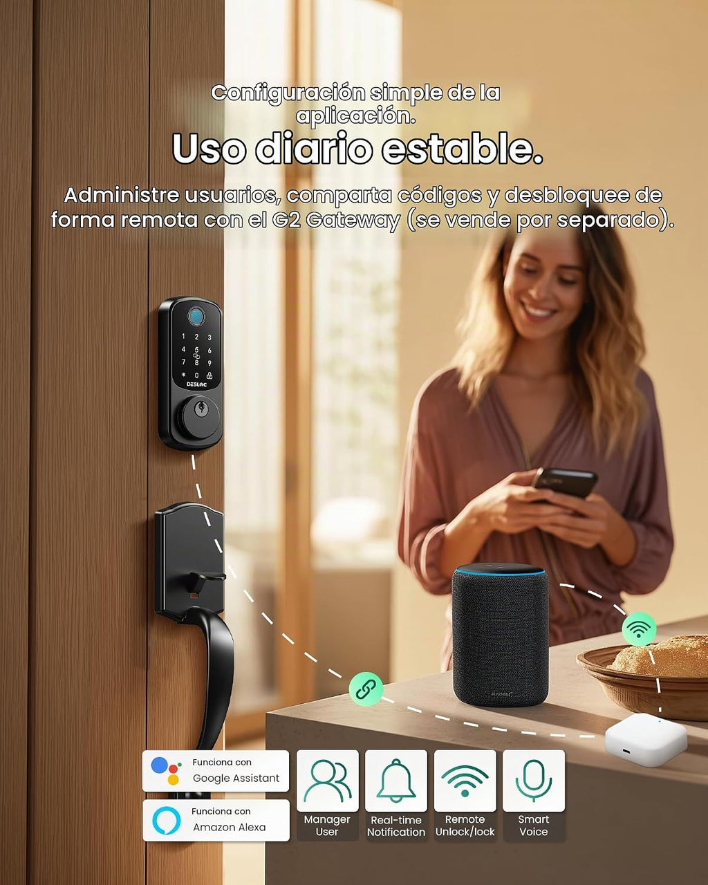 DESLOC B200 Cerradura de Puerta de Entrada sin Llave con Mango, Cer...