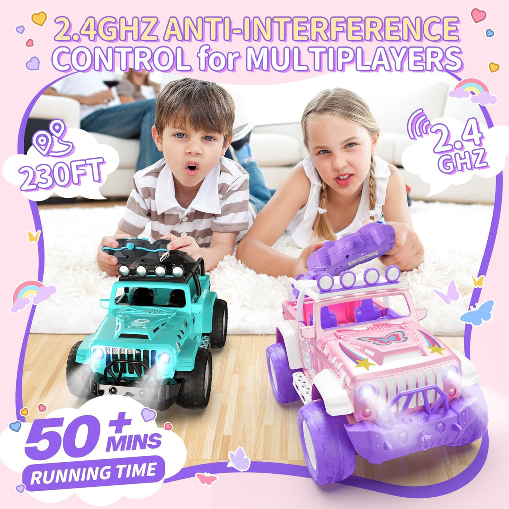 DEERC Coche de control remoto rosa para niñas con niebla y vapor y...