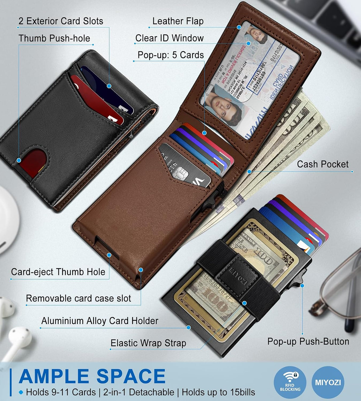 miyozi Cartera para hombre, funda delgada y desmontable para tarjet...