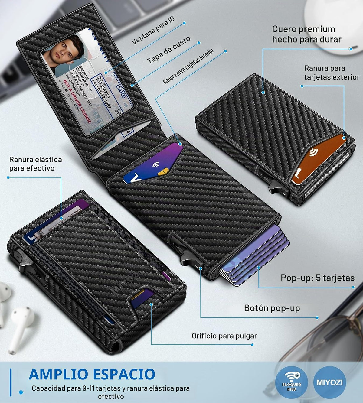 miyozi Cartera para hombre, tarjetero desplegable delgado, con bloq...
