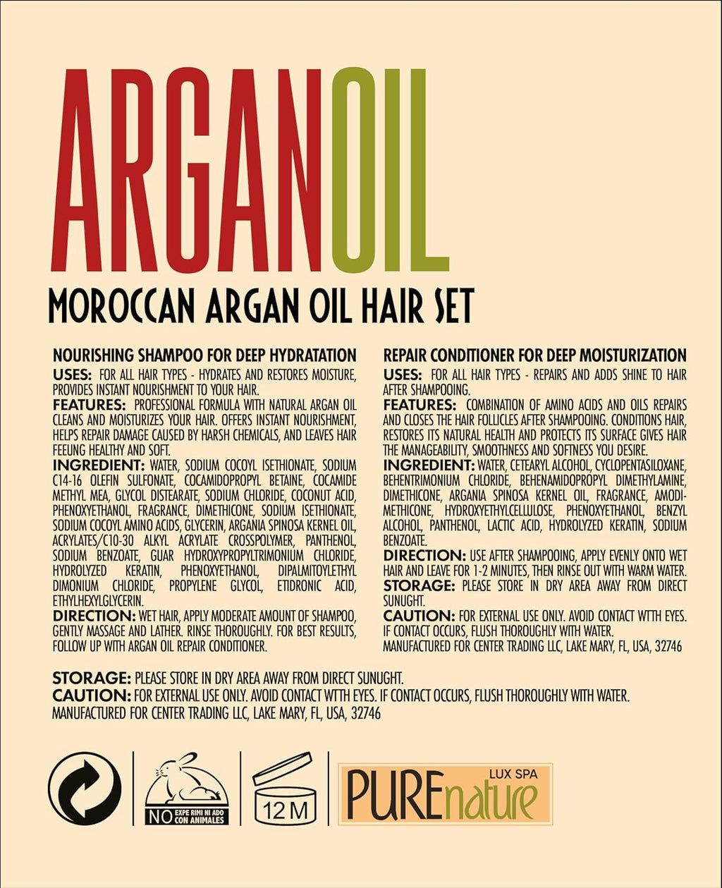 Juego de champú y acondicionador de aceite de argán, cuidado marroq...