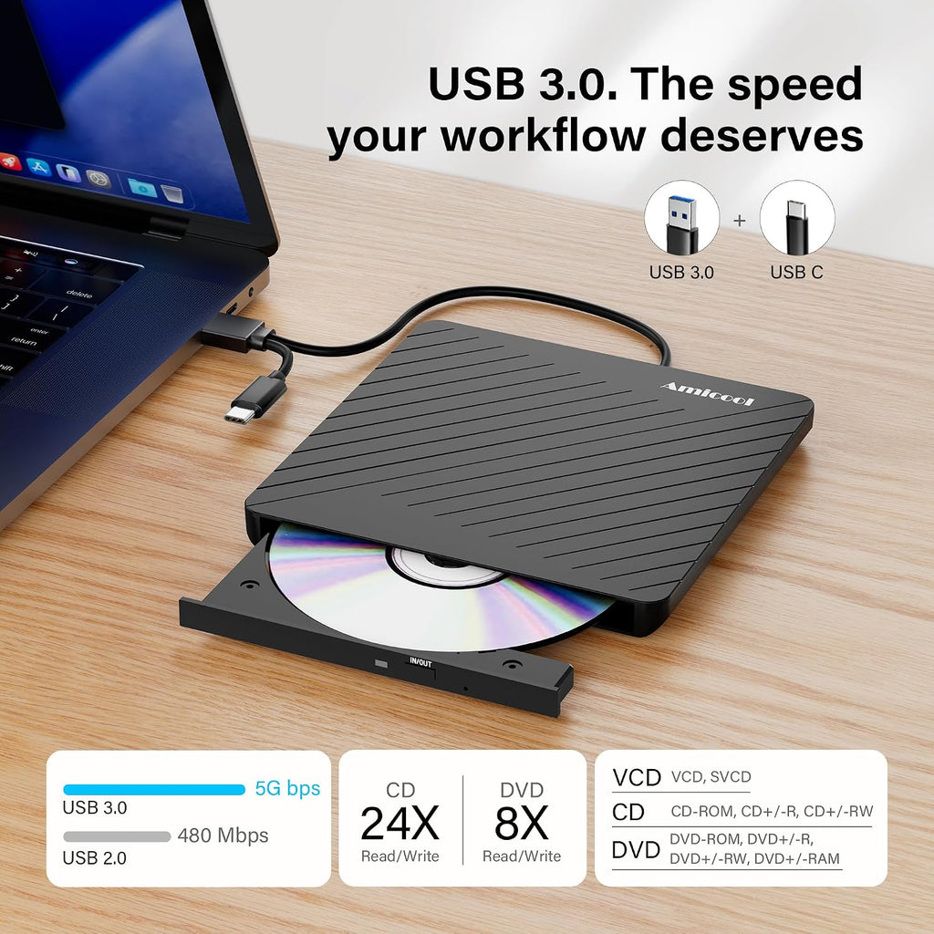 Amicool Grabador externo USB-C USB 3.0 CD\/DVD +\/-RW, lector de DV...