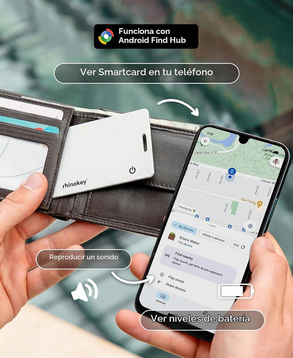 Rhinokey® Slim Wallet Tracker Card Android funciona con Google Find...
