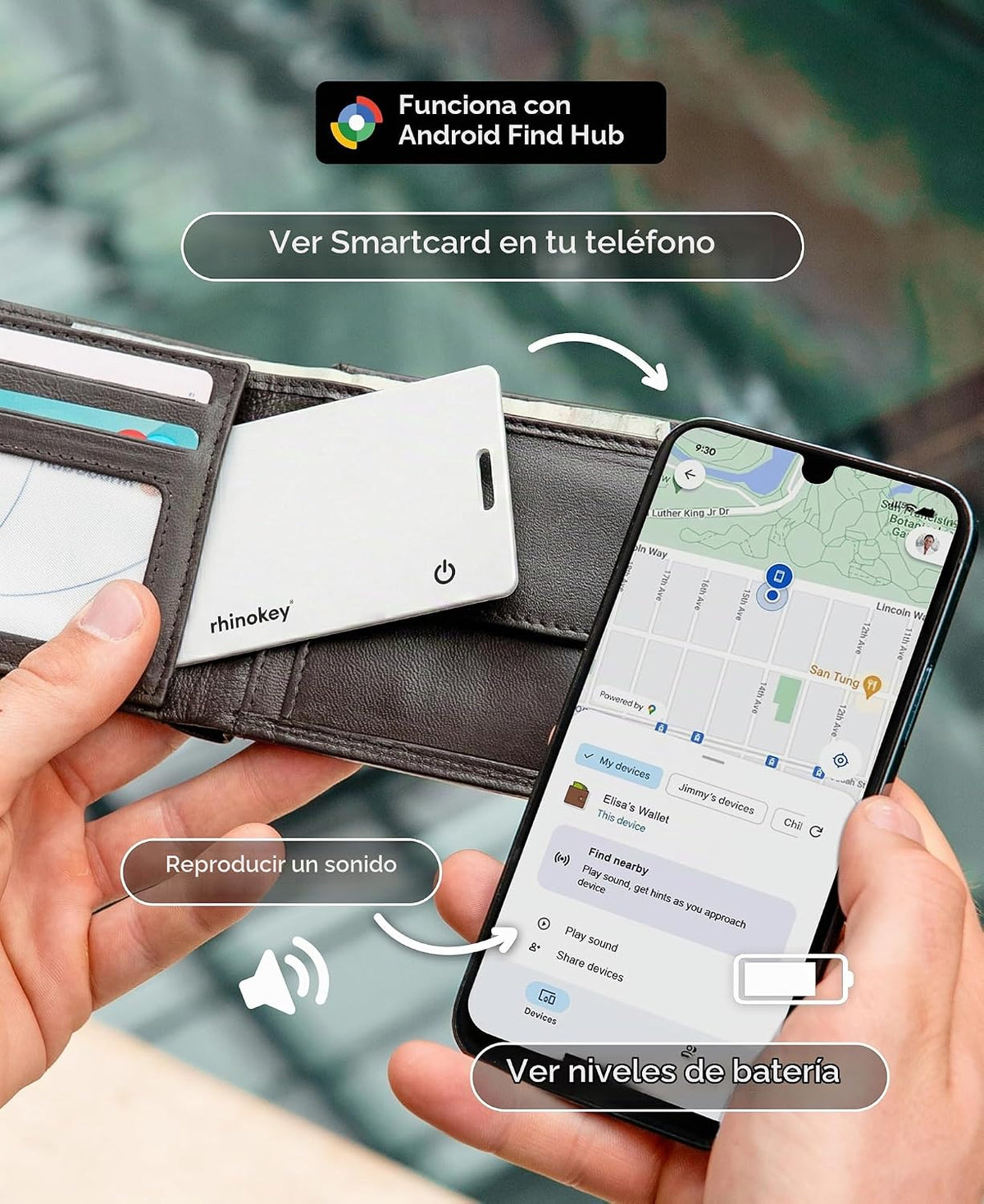 Rhinokey® Slim Wallet Tracker Card Android funciona con Google Find...