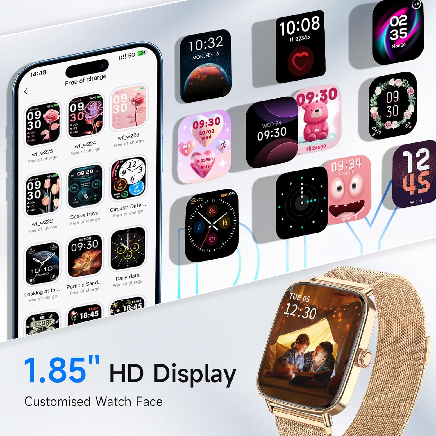 Reloj inteligente para hombres y mujeres, 1.85" HD, reloj intel...