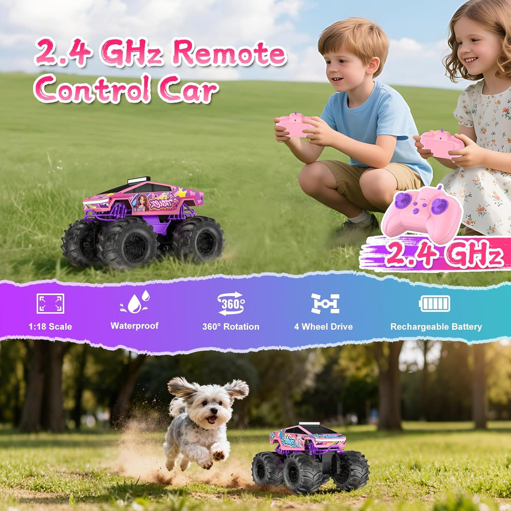 Auto de control remoto anfibio, camión monstruo rosa 1:18, juguetes...