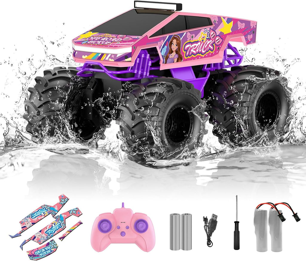 Auto de control remoto anfibio, camión monstruo rosa 1:18, juguetes...