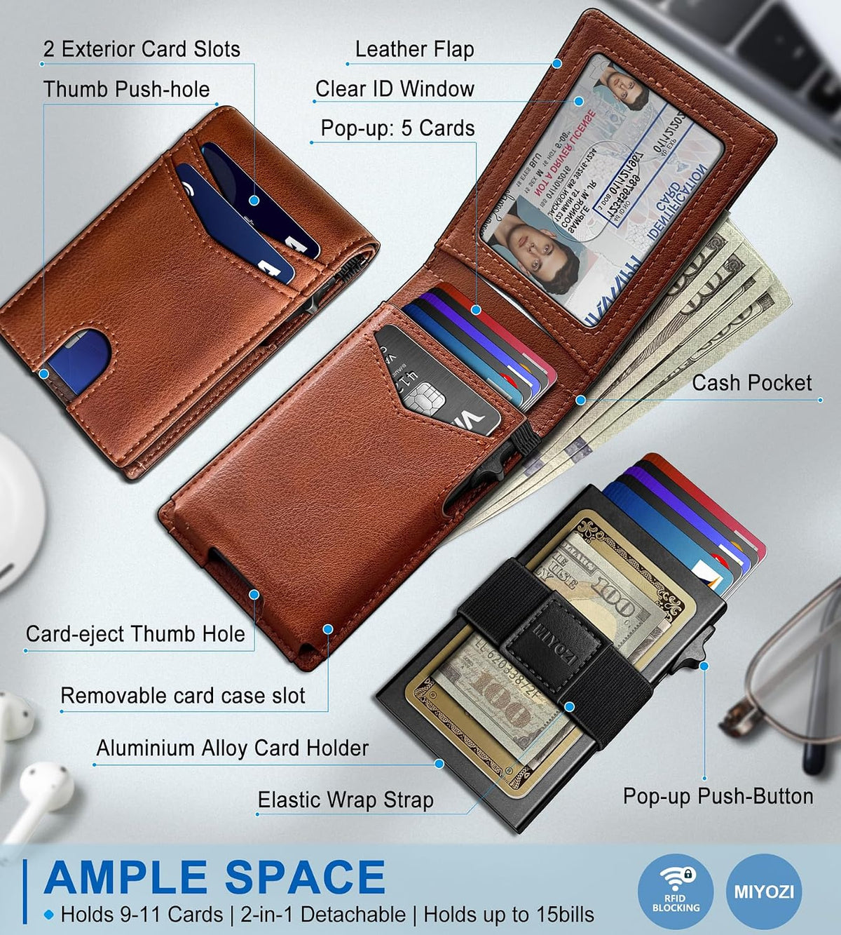 miyozi Cartera para hombre, funda delgada y desmontable para tarjet...