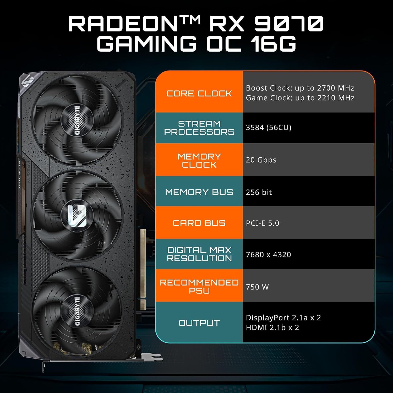 GIGABYTE Radeon RX 9070 Gaming OC 16G tarjeta gráfica, PCIe 5.0, 16...