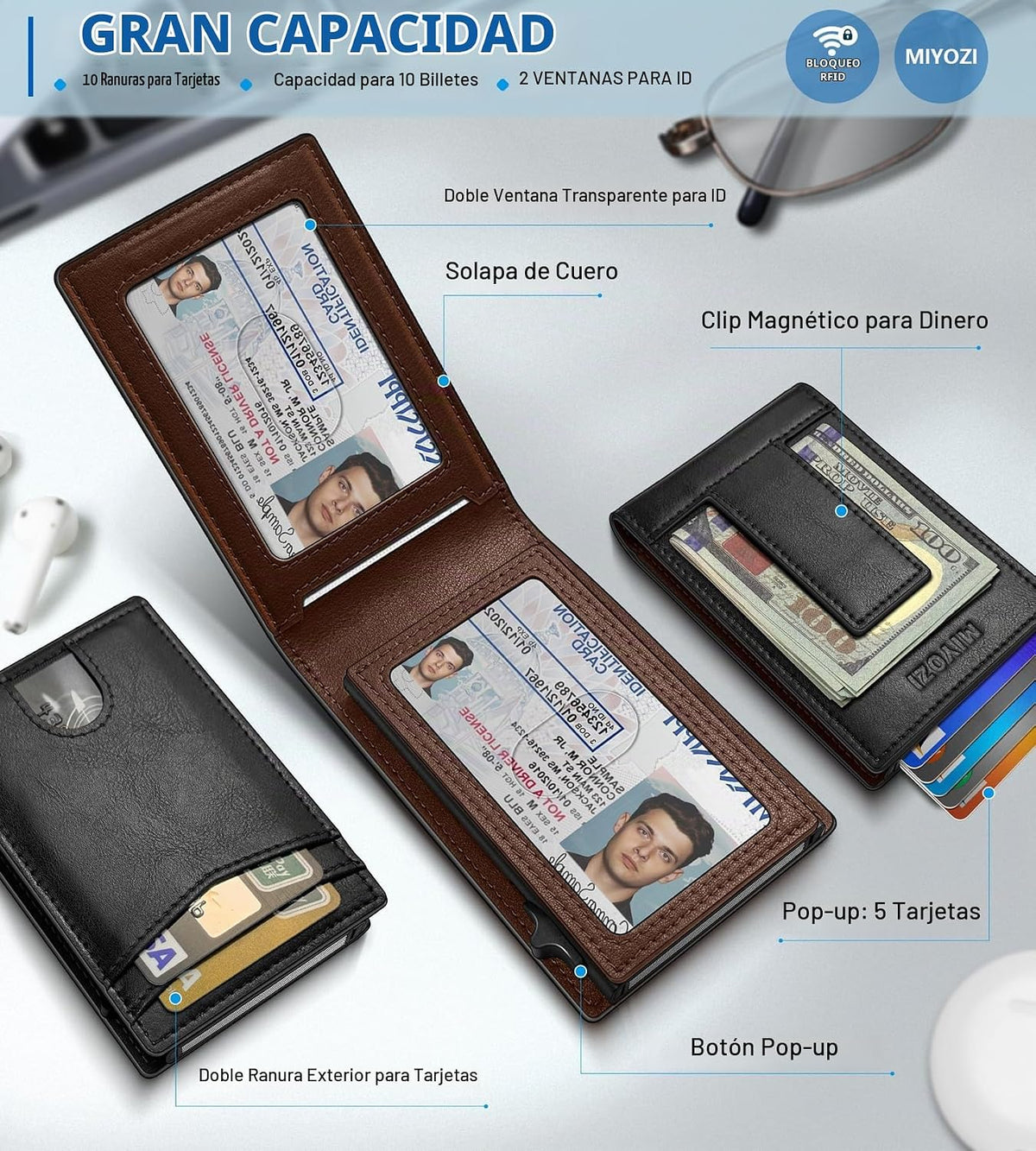 miyozi Cartera para hombre, tarjetero desplegable con bloqueo RFID,...