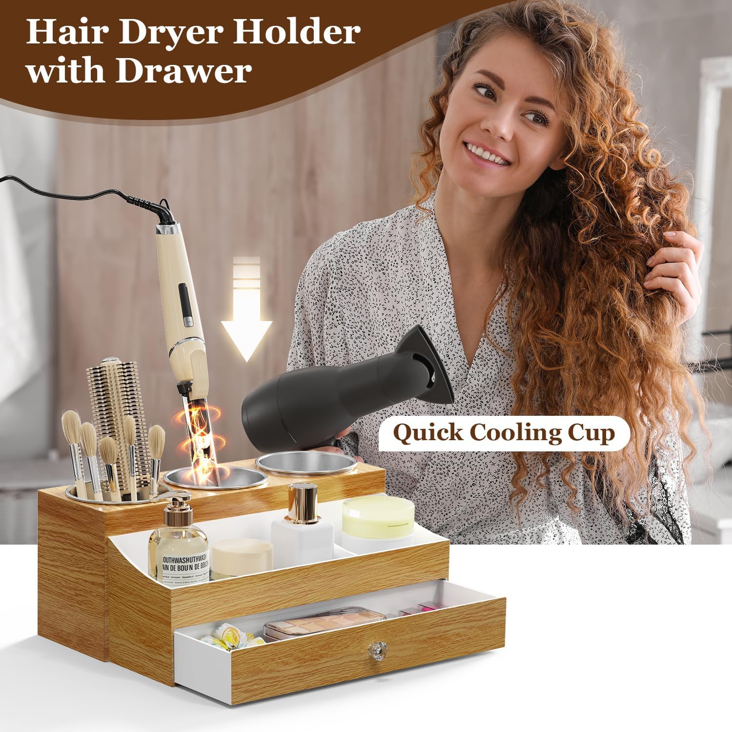 GFWARE Soporte acrílico para secador de cabello con cajón, organiza...