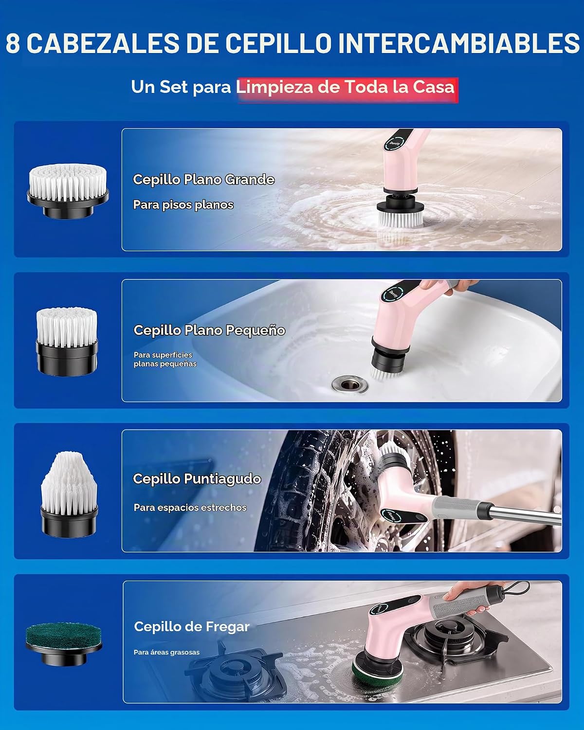 Dovety Depurador eléctrico giratorio, mango extensible, 8 cabezales...
