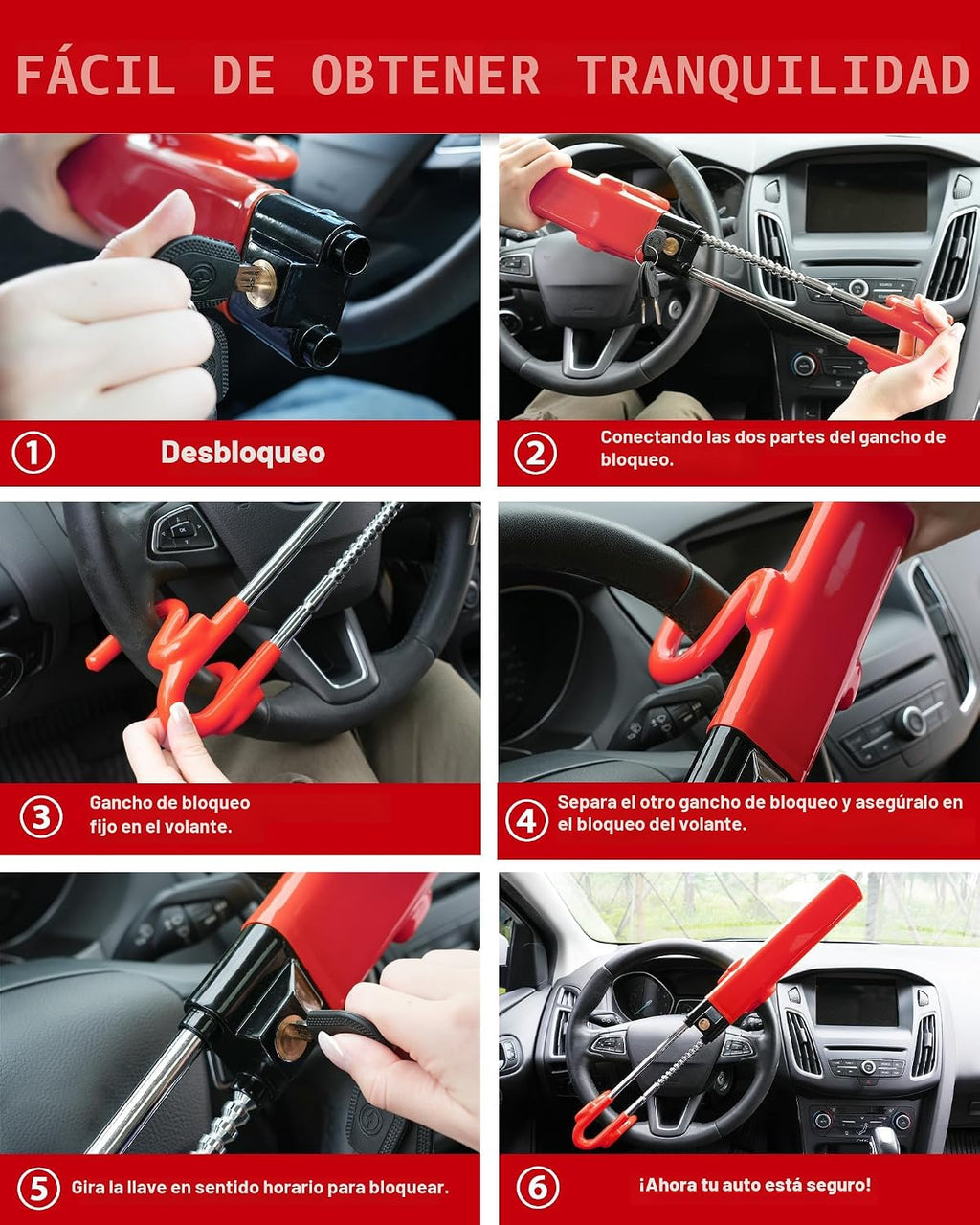 Tevlaphee Cerradura de volante antirrobo para automóvil, dispositiv...