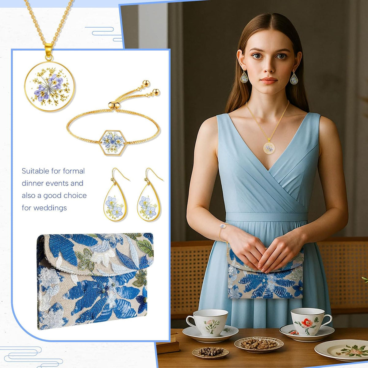 SilTriangle Conjunto de joyas de embrague con bordado floral para m...