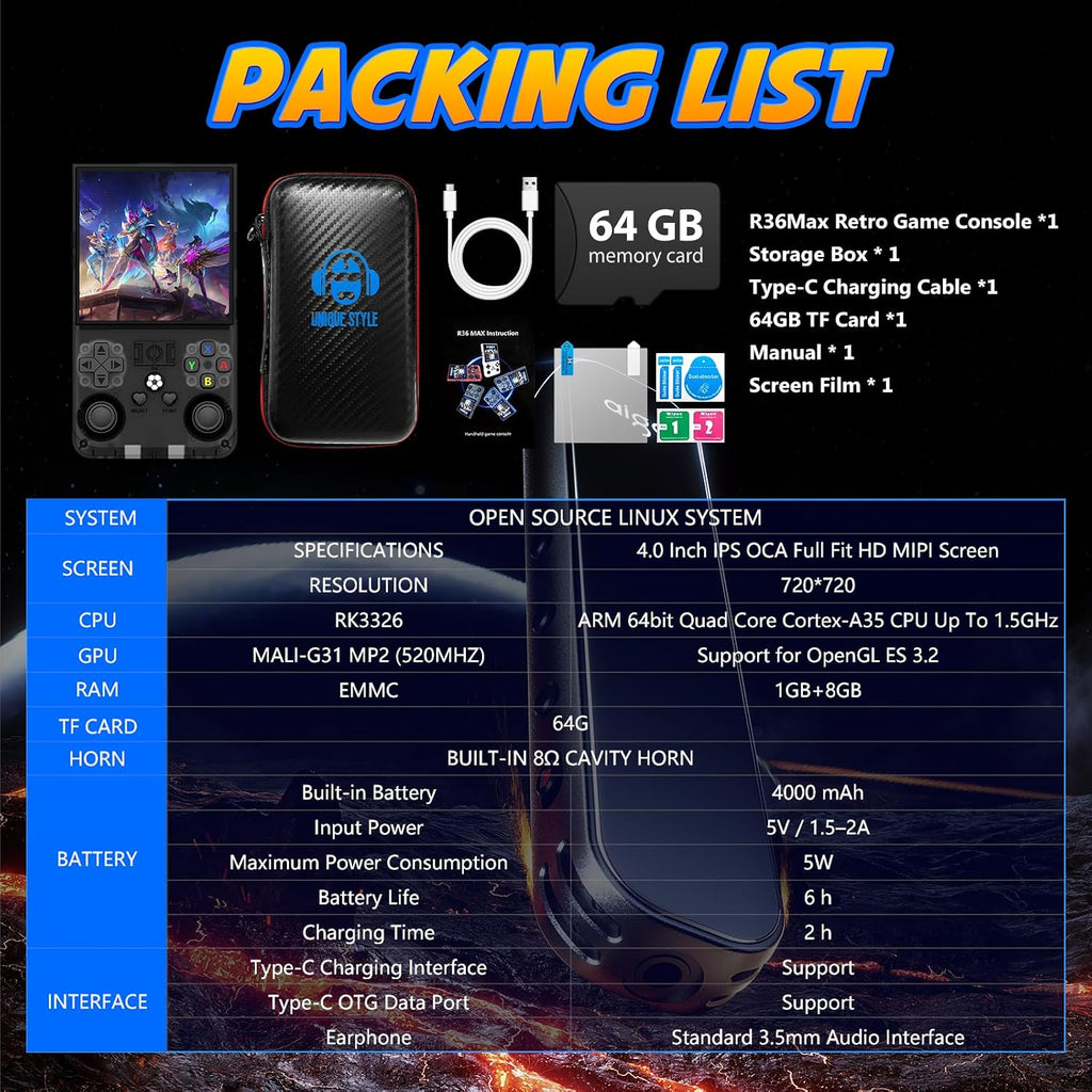 R36MAX - Consola de juegos portátil portátil IPS de 4 pulgadas, sis...
