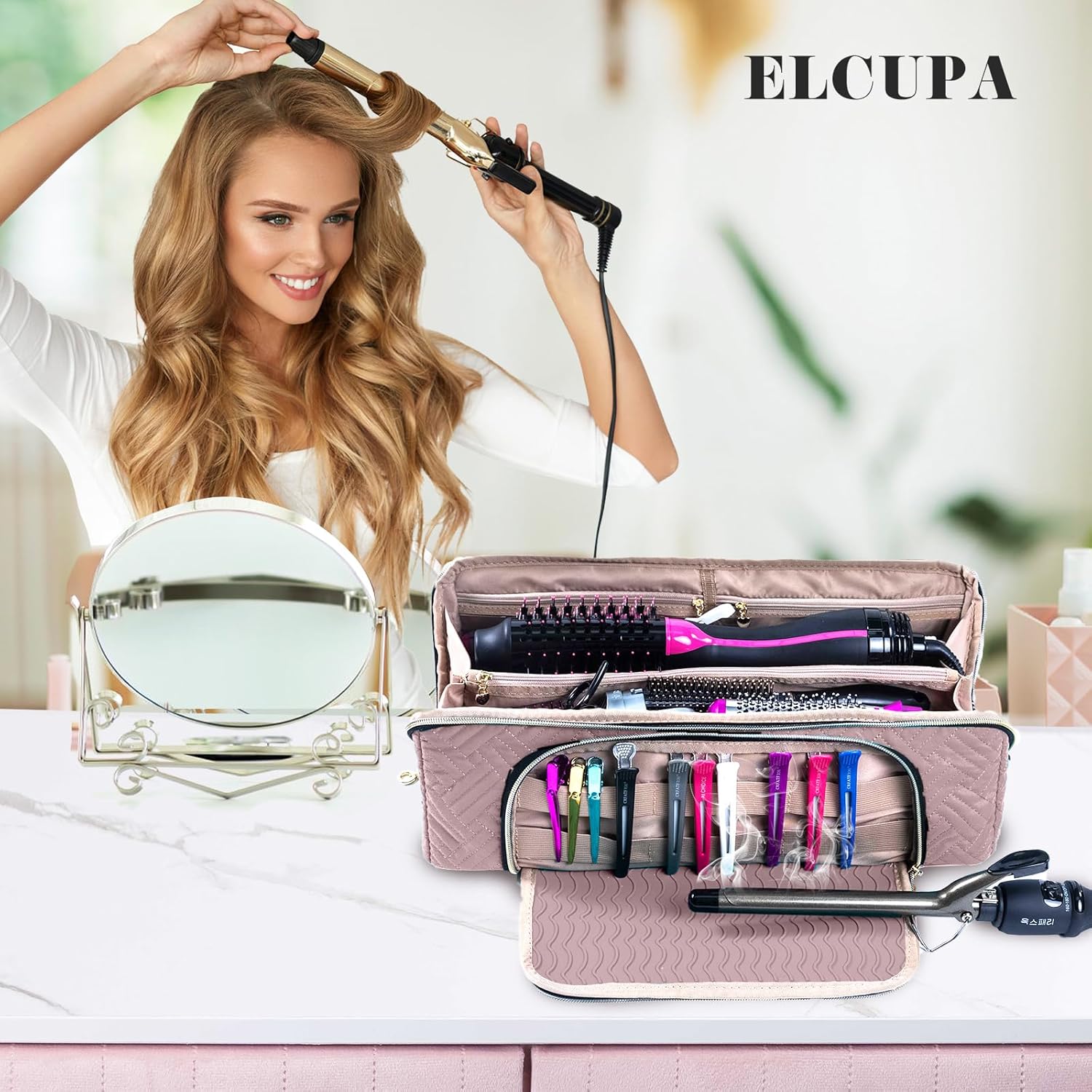 ELCUPA Bolsa de Viaje Grande para Herramientas de Cabello con Alfom...