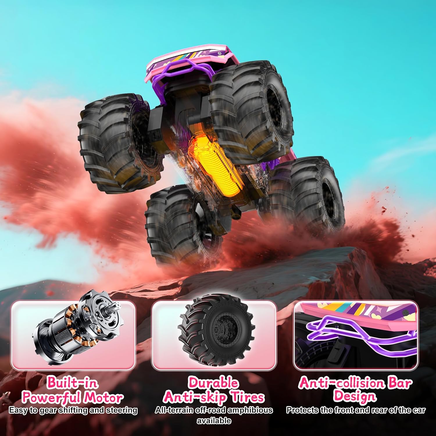 Auto de control remoto anfibio, camión monstruo rosa 1:18, juguetes...