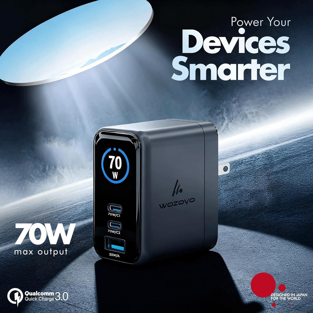 Cargador Wozoyo GaN inteligente LED de 70 W, carga superrápida 2.0...