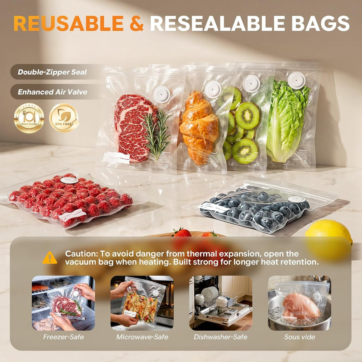 Bolsas reutilizables selladoras al vacío para alimentos, 30 bolsas...