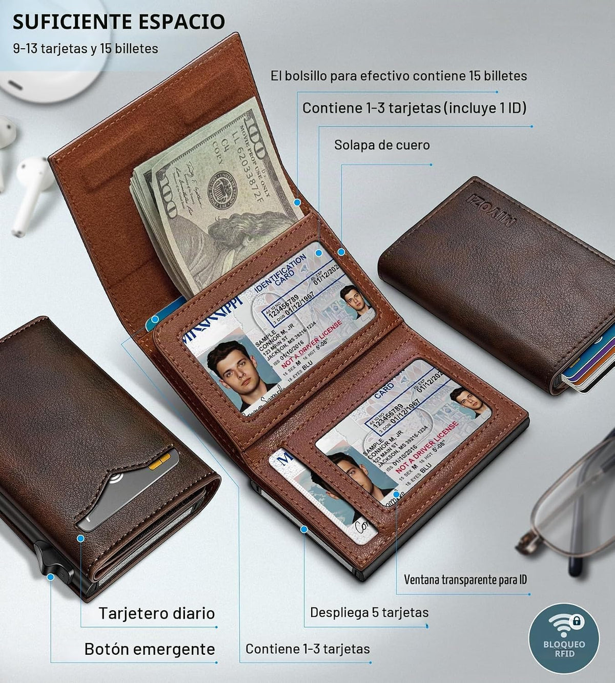 miyozi Cartera para hombre, con bolsillo para efectivo, 2 ventanas...