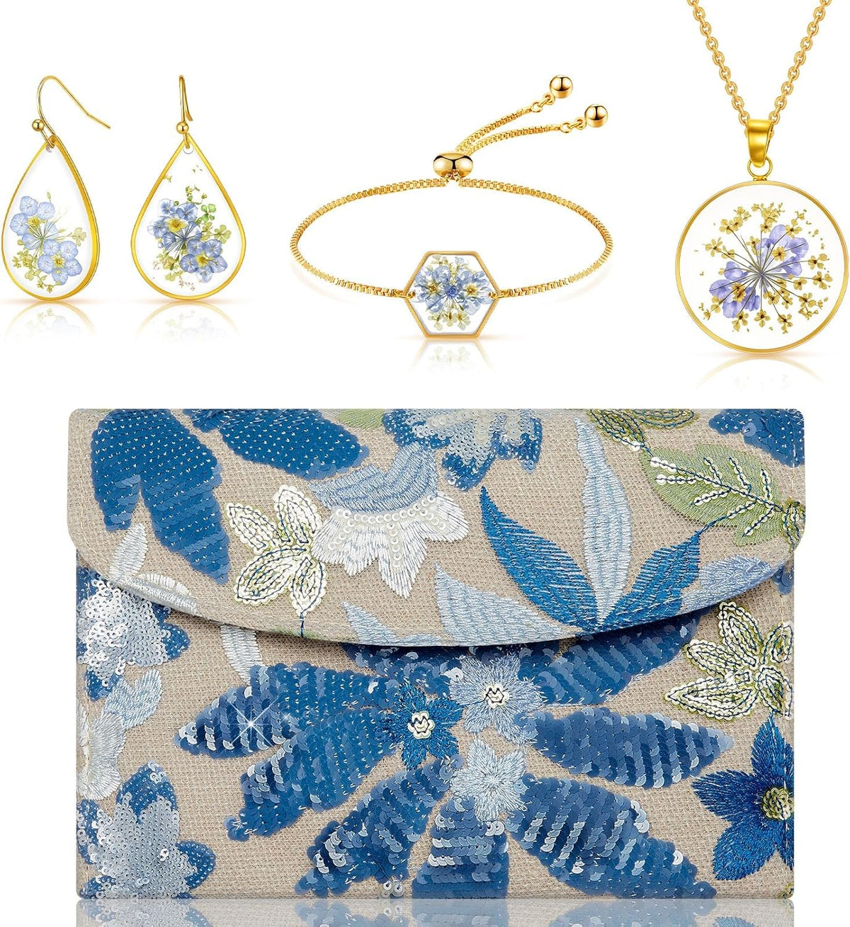 SilTriangle Conjunto de joyas de embrague con bordado floral para m...