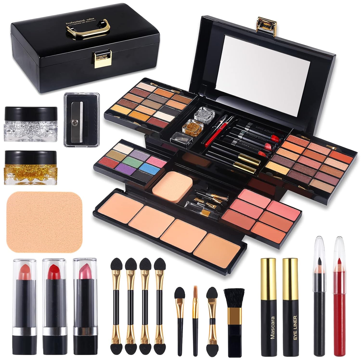 Kit de maquillaje profesional para mujer, kit completo con espejo,...