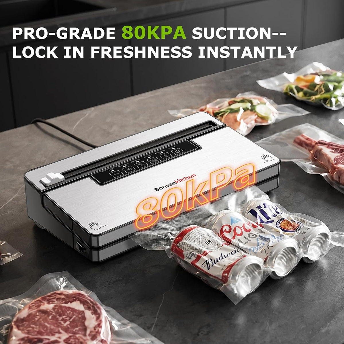 Bonsenkitchen Máquina selladora al vacío,80 kPa Potente Succión,Pla...