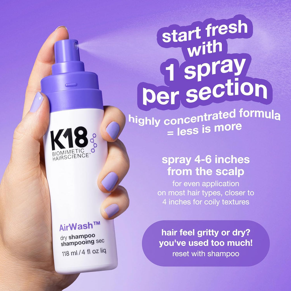 El champú seco K18 AirWash™, sin aerosol, equilibra el cuero cabell...