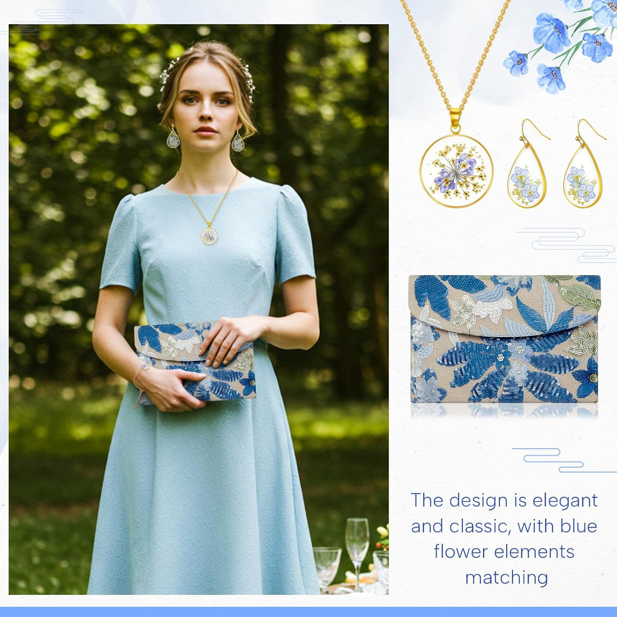 SilTriangle Conjunto de joyas de embrague con bordado floral para m...