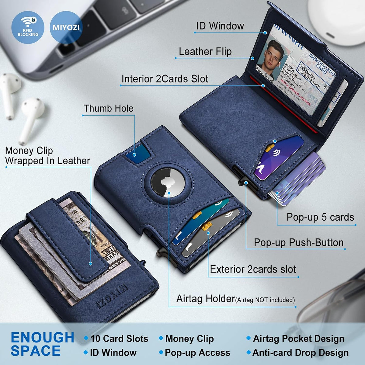 Miyozi - Billetera Airtag para hombre, con clip de dinero, estuche...
