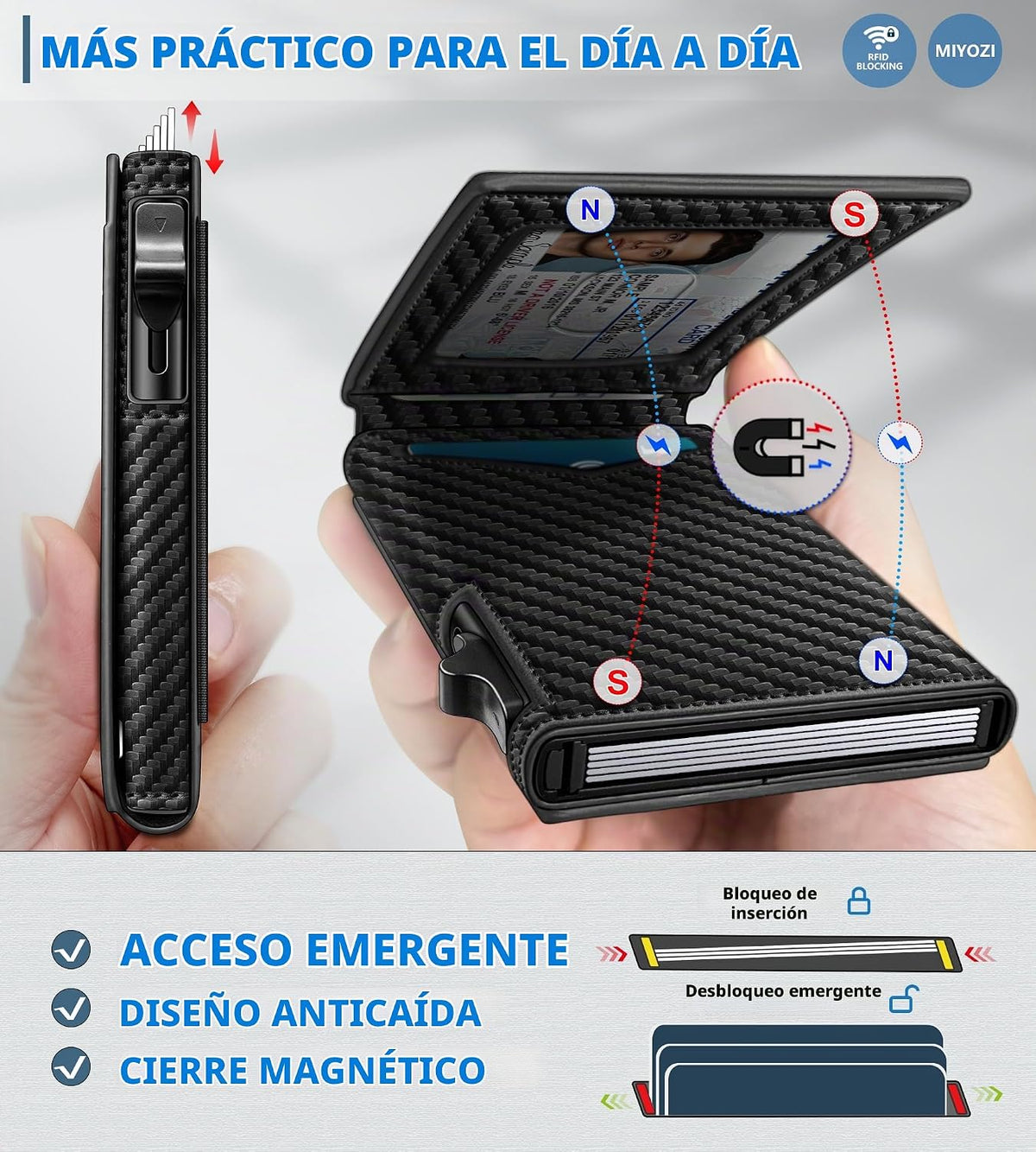 miyozi Cartera para hombre, tarjetero desplegable delgado, con bloq...