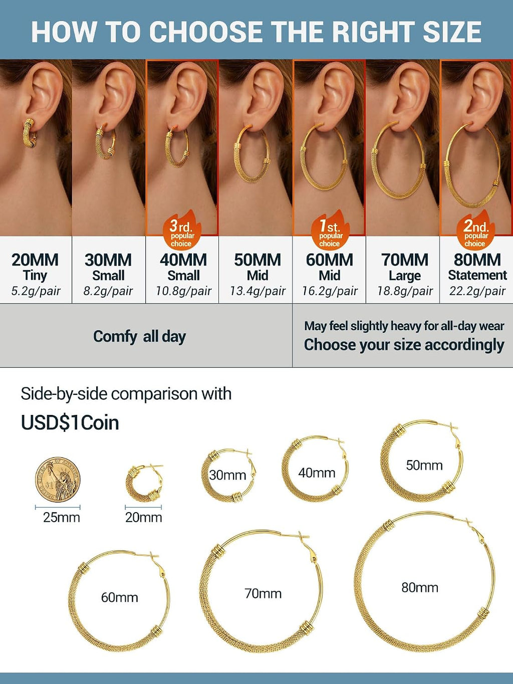 PROSTEEL 12\/16\/24\/32\/40 Pulgadas Aretes de Aro Gruesos para Muj...