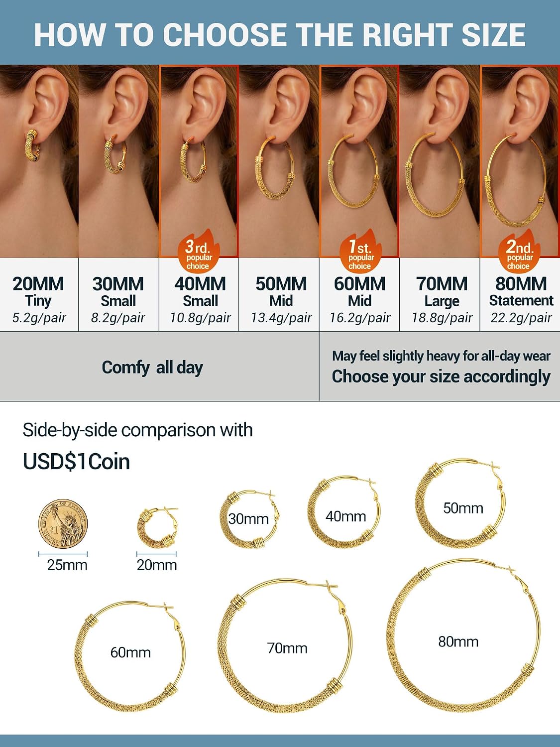 PROSTEEL 12\/16\/24\/32\/40 Pulgadas Aretes de Aro Gruesos para Muj...