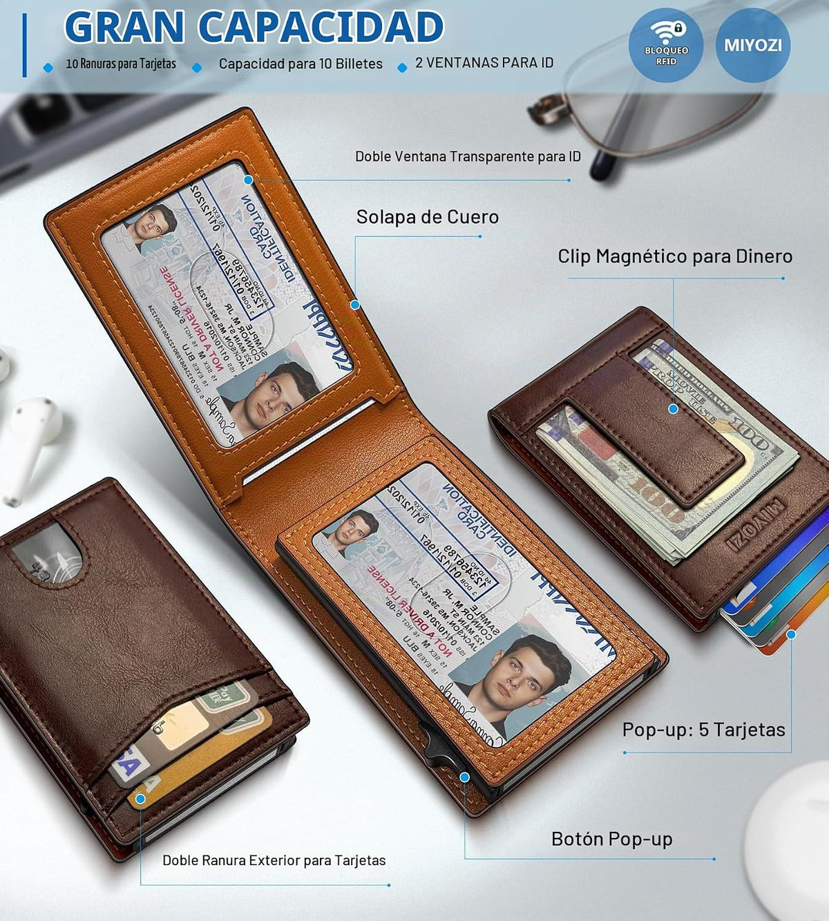 miyozi Cartera para hombre, tarjetero desplegable con bloqueo RFID,...